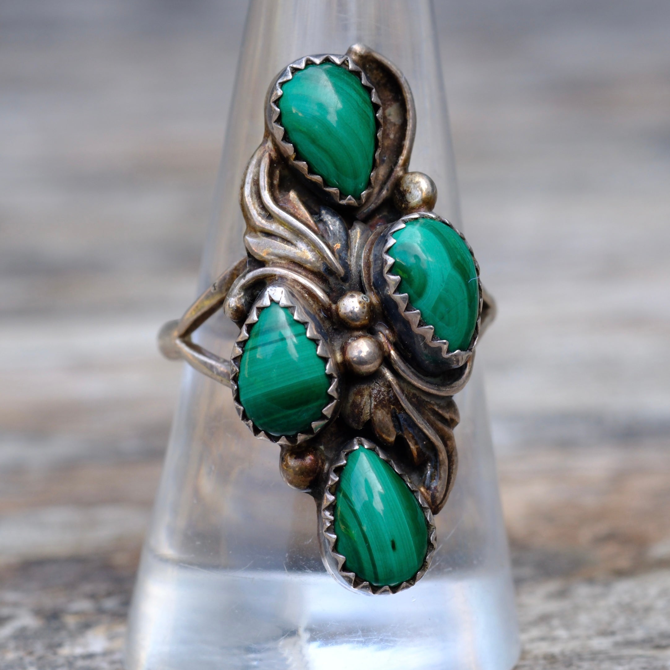 Vintage Sterling 4-Stone Malachite Feather Ring 8.75