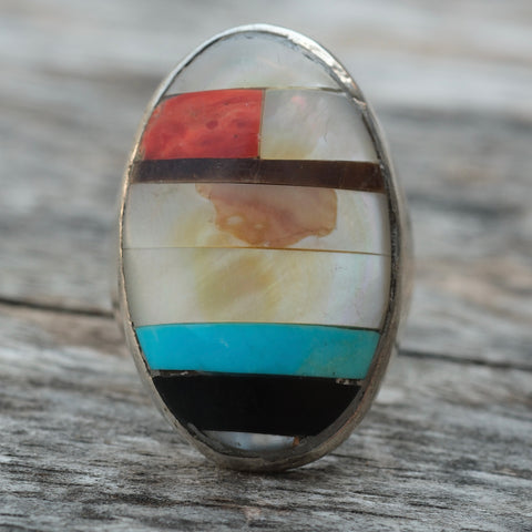 Vintage Sterling Multistone Inlay Ring 9.5