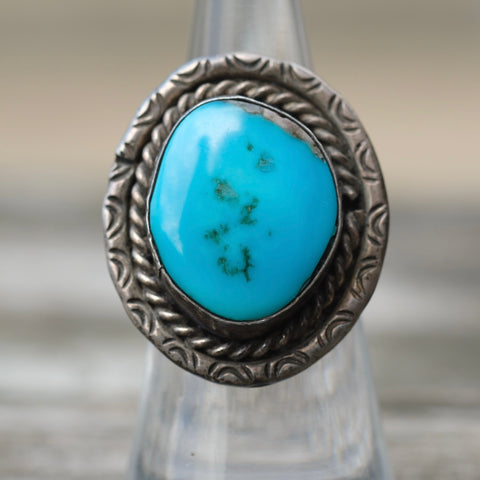 Vintage Sterling Turquoise Roper Ring 5.5