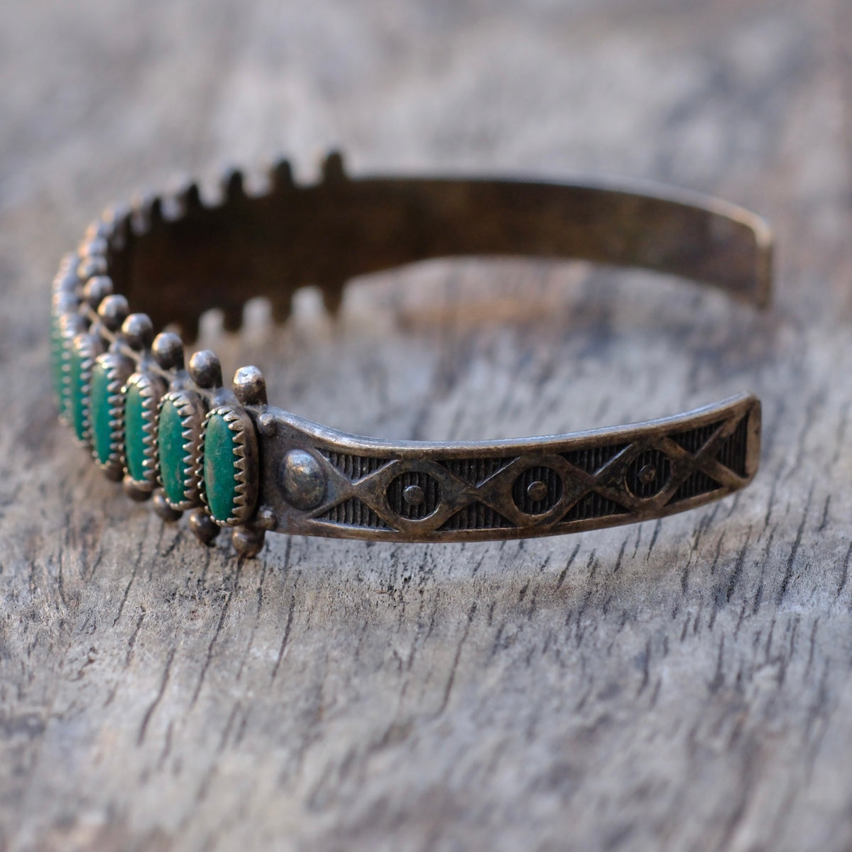 Vintage Sterling Turquoise Row Stamped Cuff Bracelet