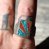 Vintage Sterling Crushed Turquoise and Coral Inlay Sunrise Ring 11.5