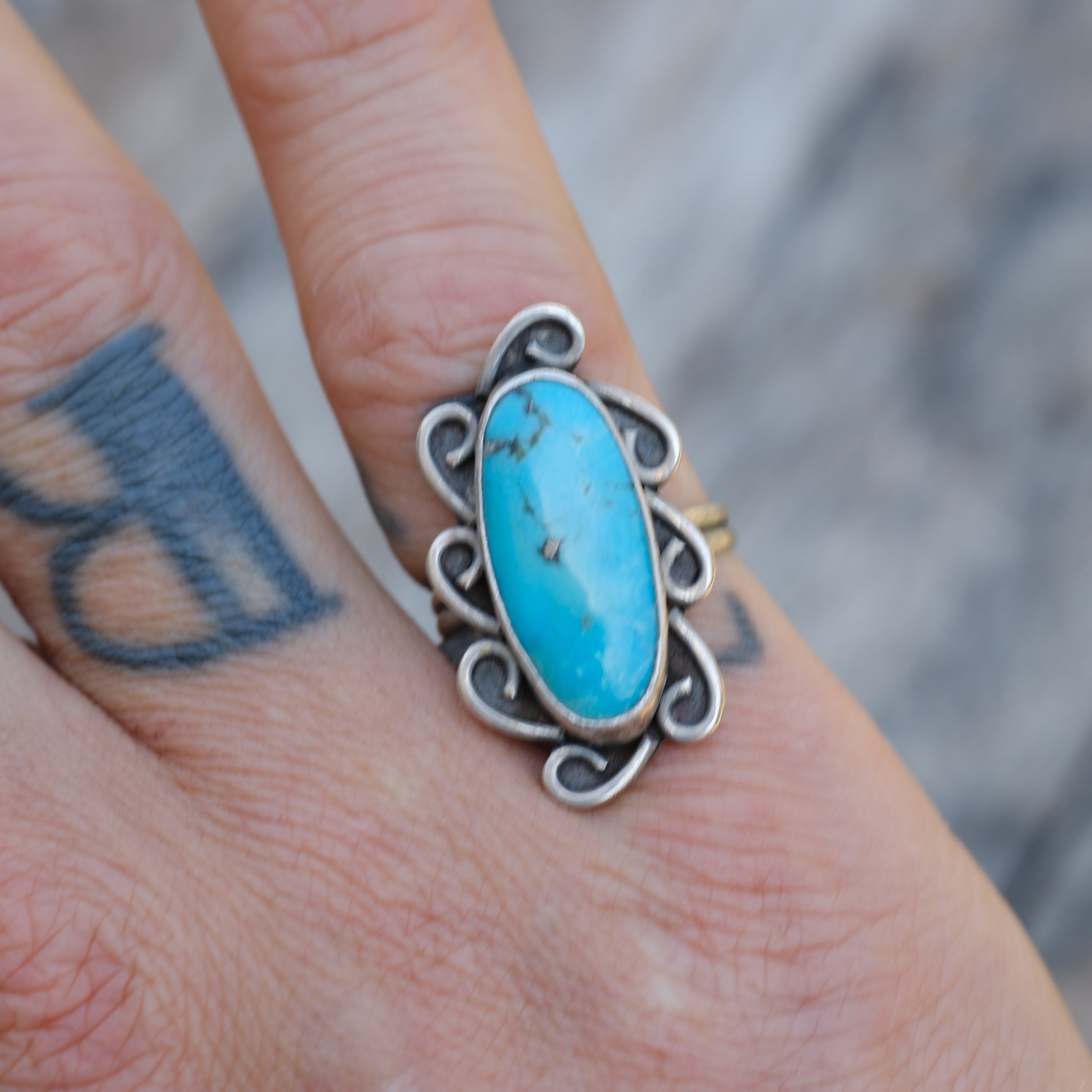 Vintage Sterling Turquoise Florette Ring 5.5