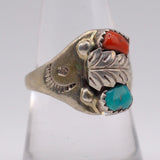 Vintage Sterling Turquoise and Coral Feather Ring 8.25