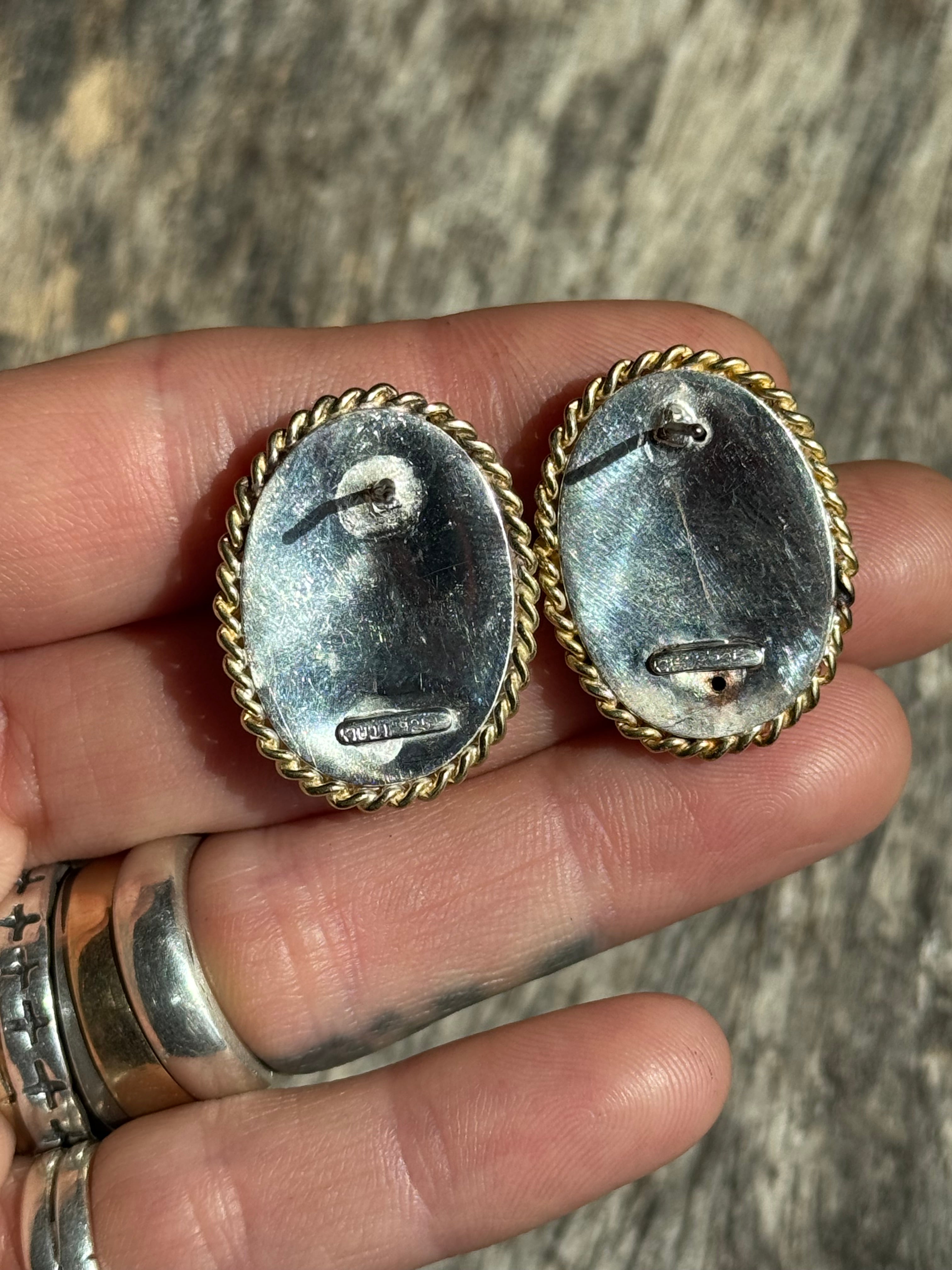 Vintage Sterling Silver Domed Gold-Tone Roped Earrings