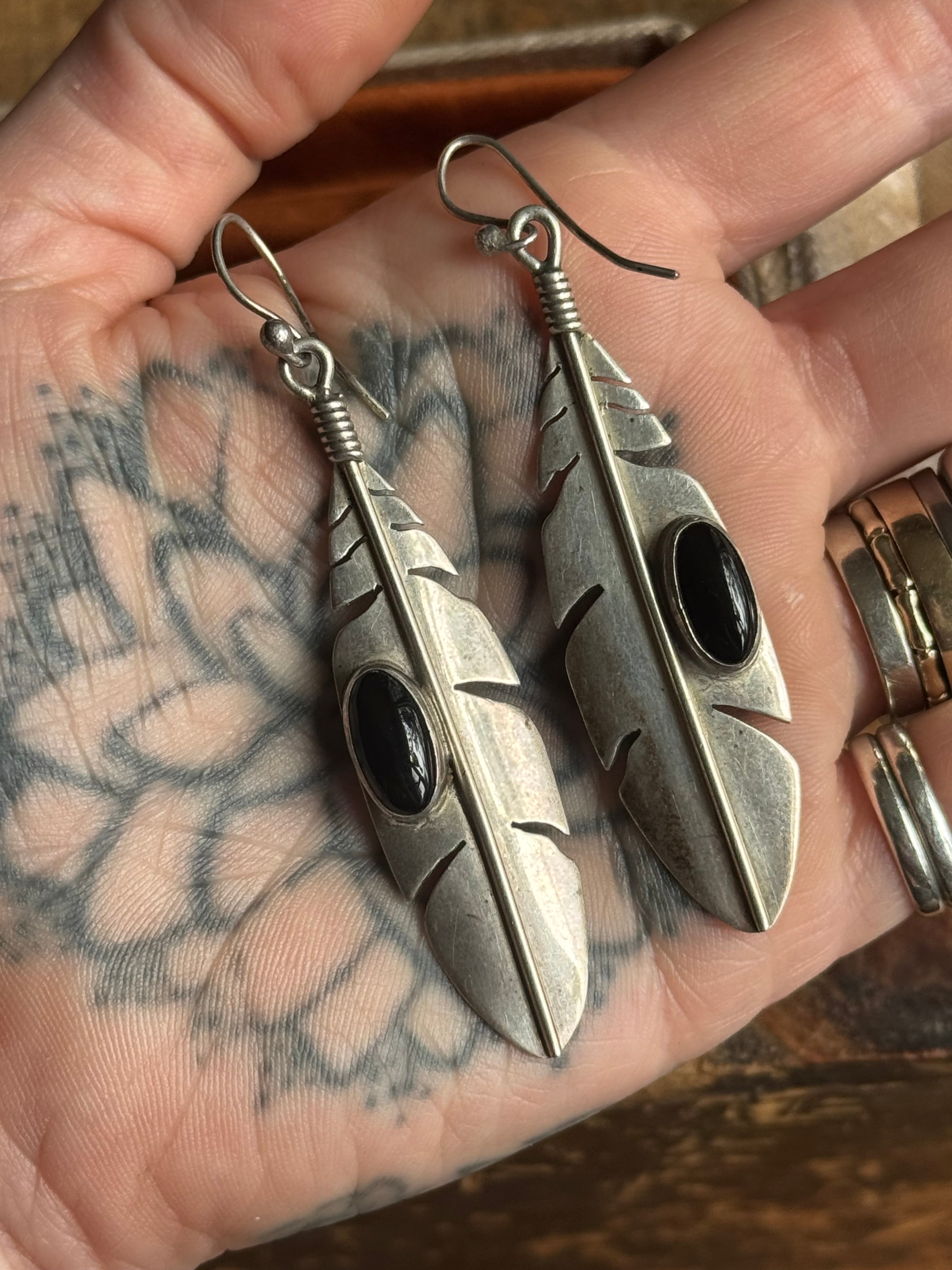 Vintage Sterling Silver Onyx Feather Earrings
