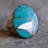 Vintage Sterling Zuni Inlay Turquoise and Mother Of Pearl Inlay Ring 10.75