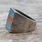 Vintage Sterling Crushed Turquoise and Coral Inlay Ring 7.75