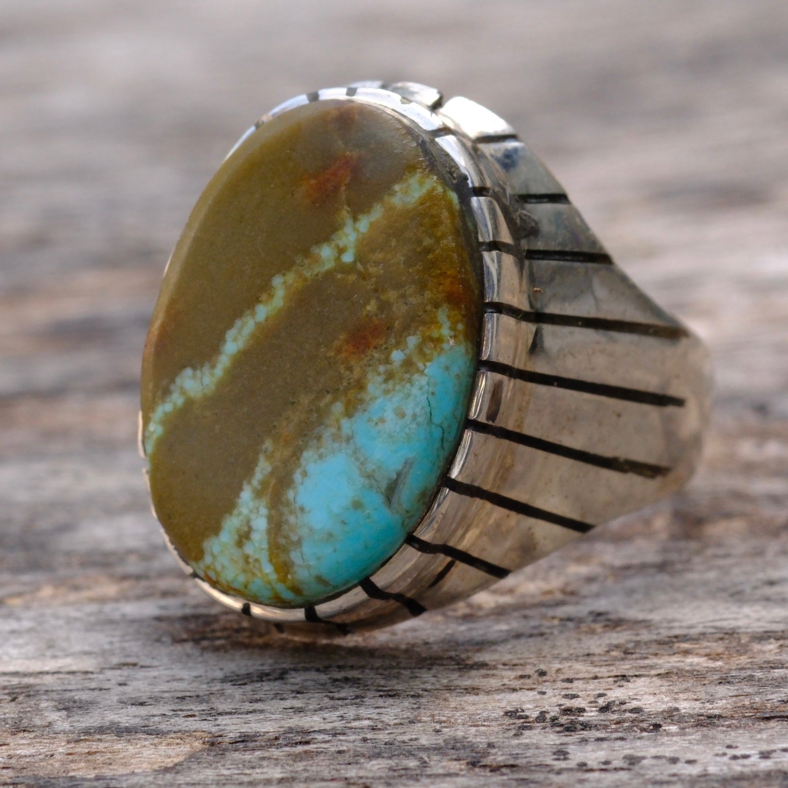 Vintage Sterling Turquoise Ribbed Band Ring 8.75