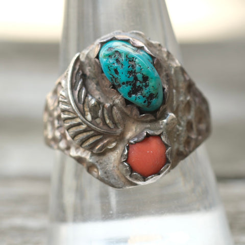 Vintage Sterling Turquoise and Coral Ring 10.25