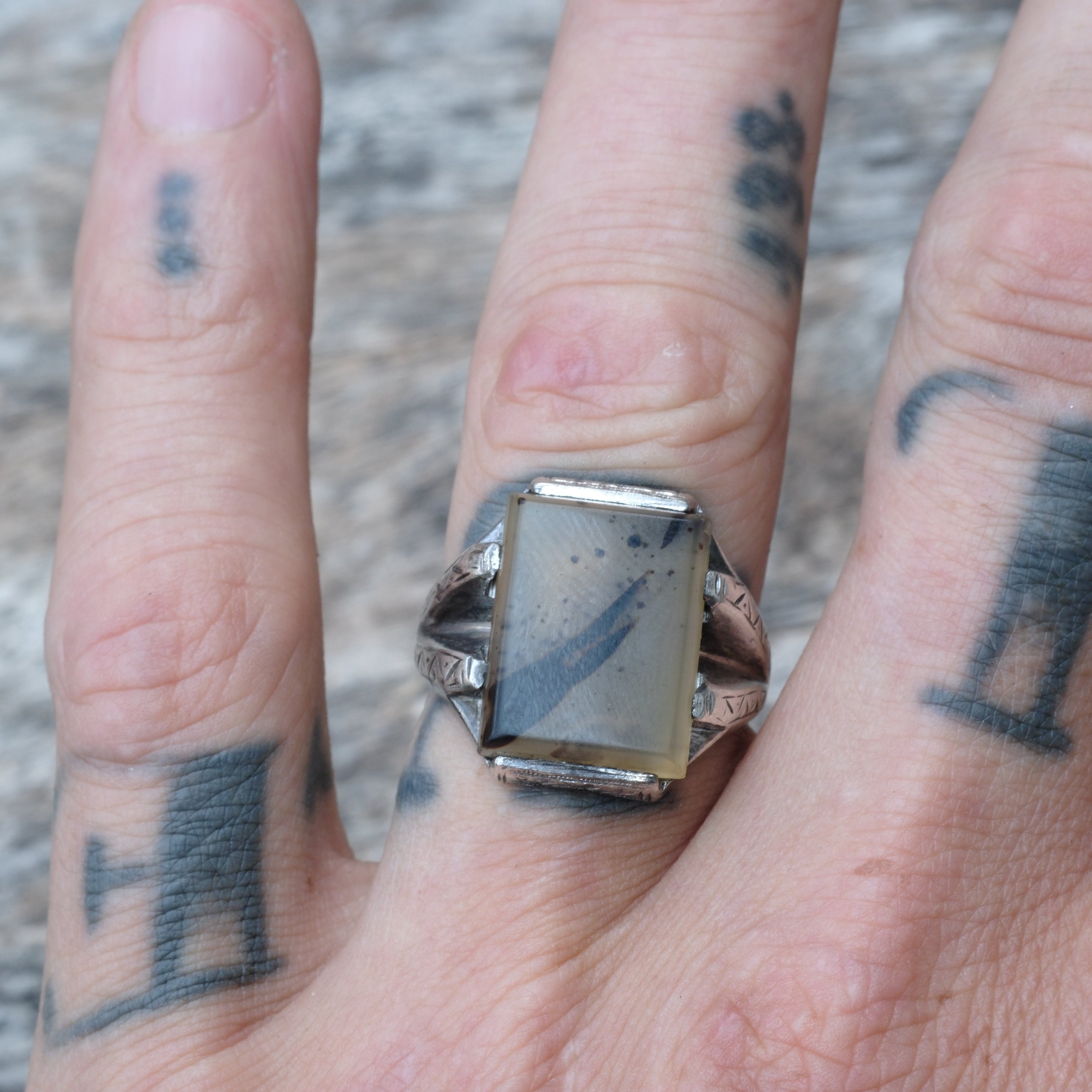 Vintage Sterling Silver Agate Signet Ring 8.5