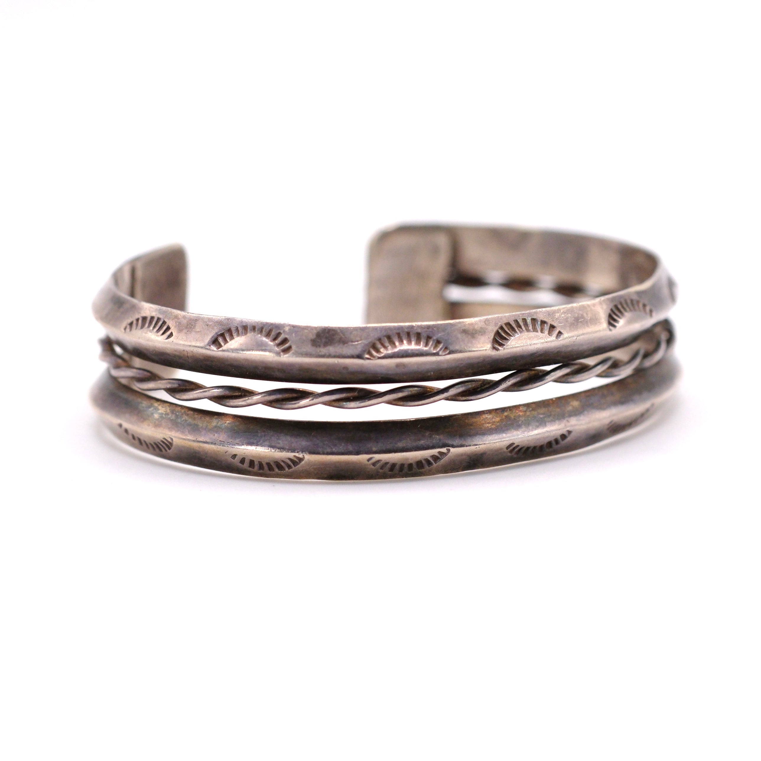Vintage Sterling Double Row Stamped Triangle Cuff Bracelet 6.5"