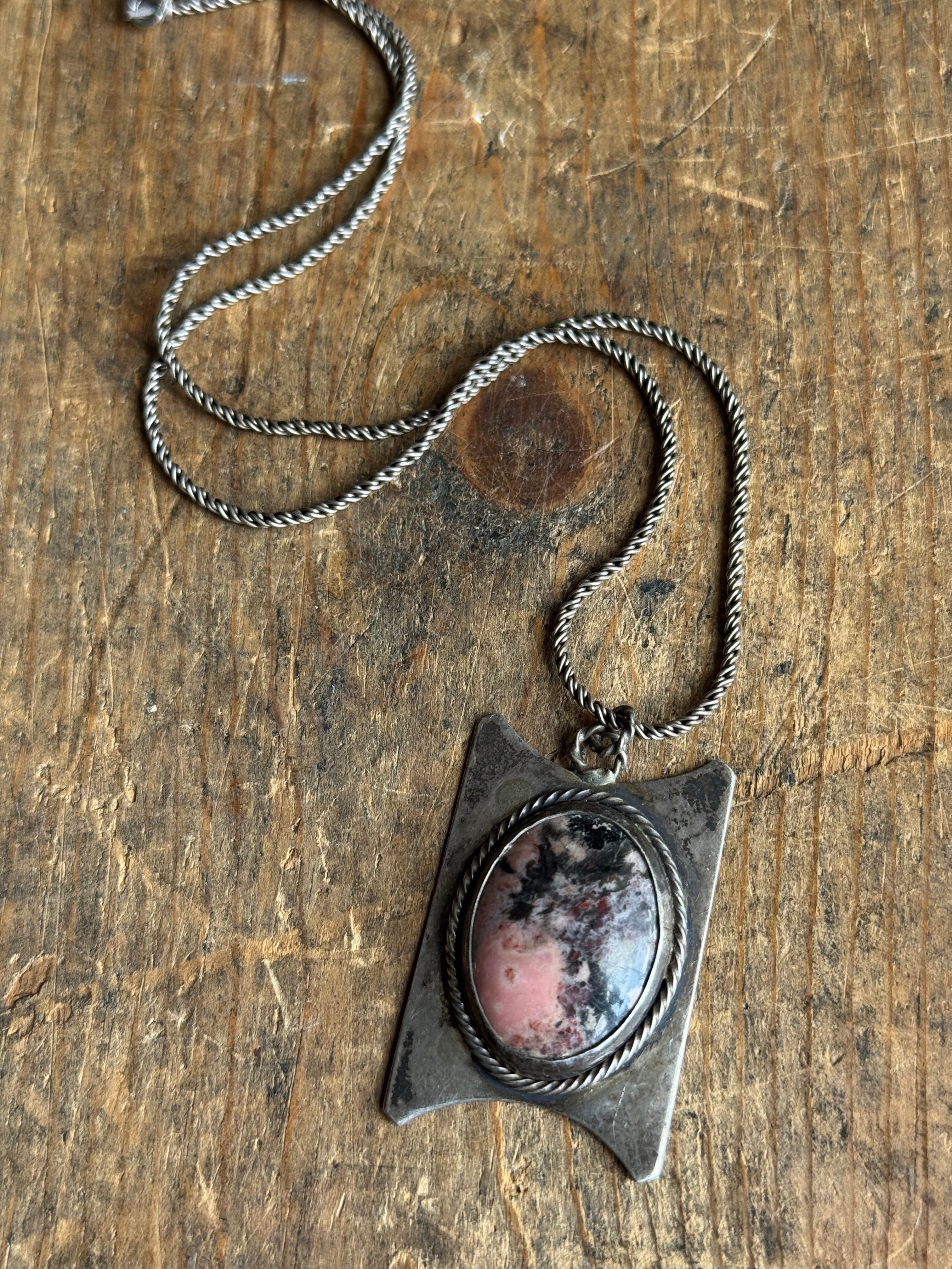 Vintage Sterling Silver Rhodonite Shield Necklace