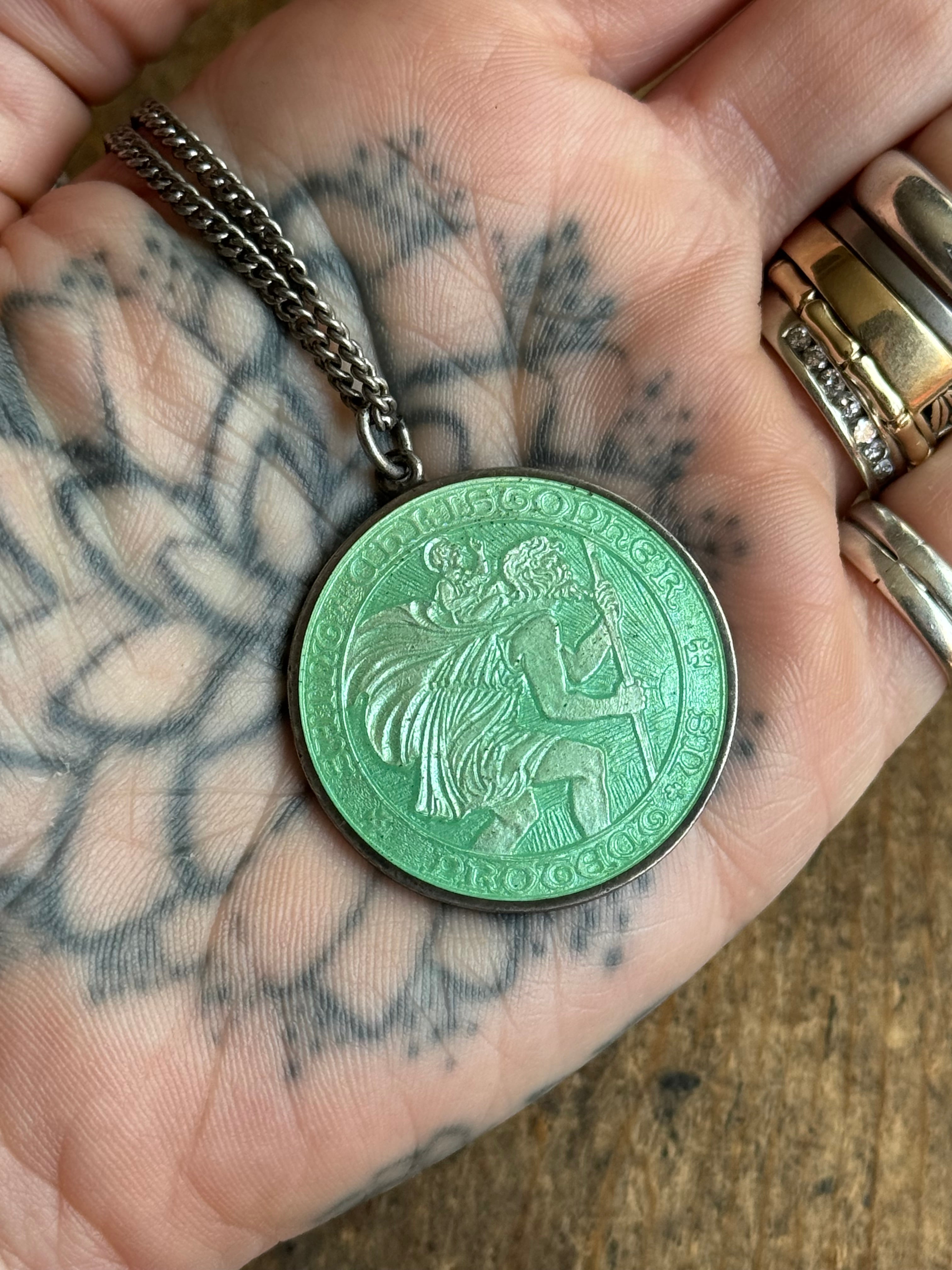 Vintage Sterling Silver ‘Betty’ Engraved Enamel St. Christopher Necklace