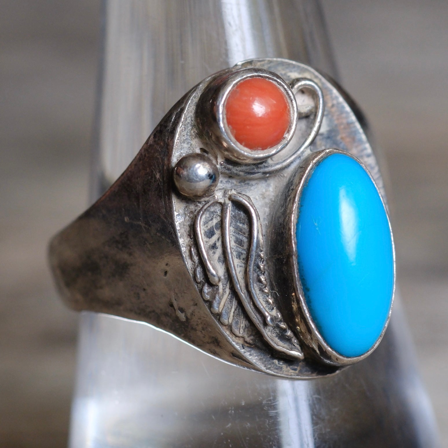 Vintage Sterling Turquoise and Coral Feather Ring 8.75