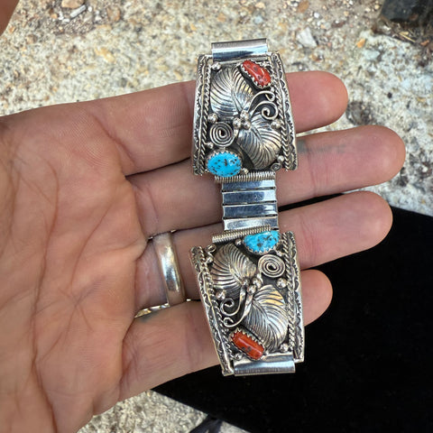 Vintage Sterling Turquoise and Coral Watch Band
