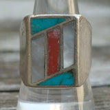 Vintage Sterling Turquoise Coral and Mother Of Pearl Inlay Ring 10