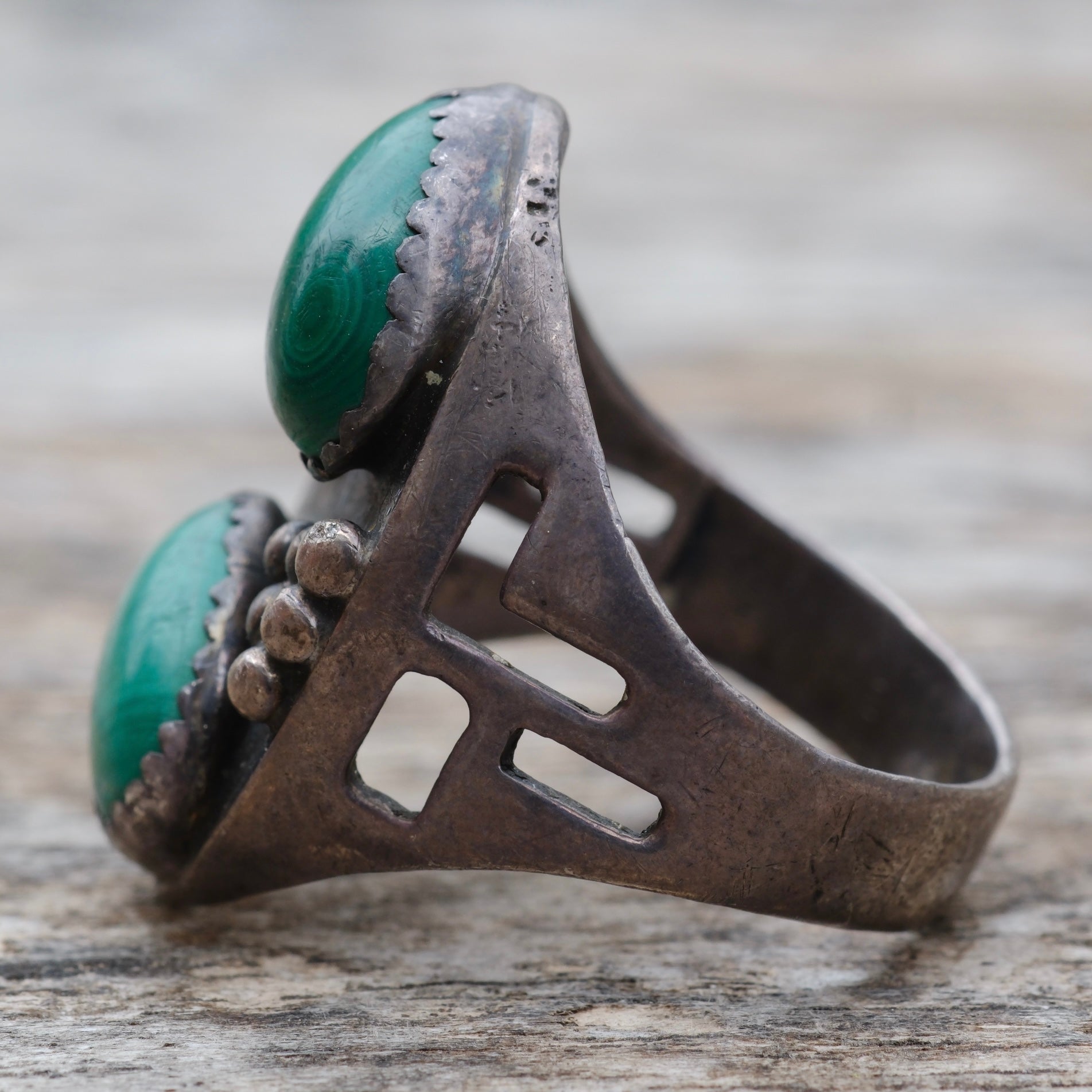 Vintage Sterling 2-Stone Malachite Ring 11.75