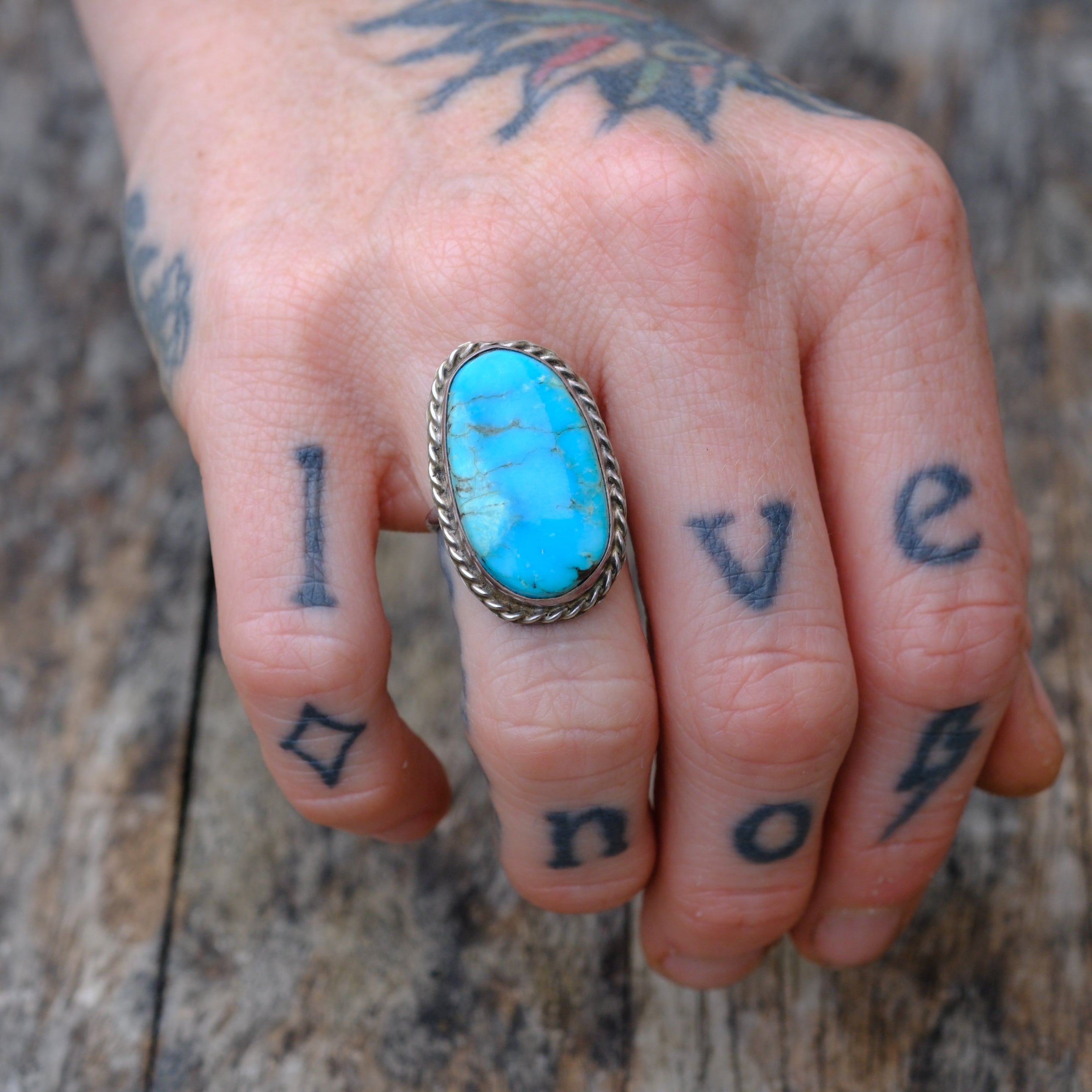 Vintage Sterling Turquoise Roper Ring 4.5