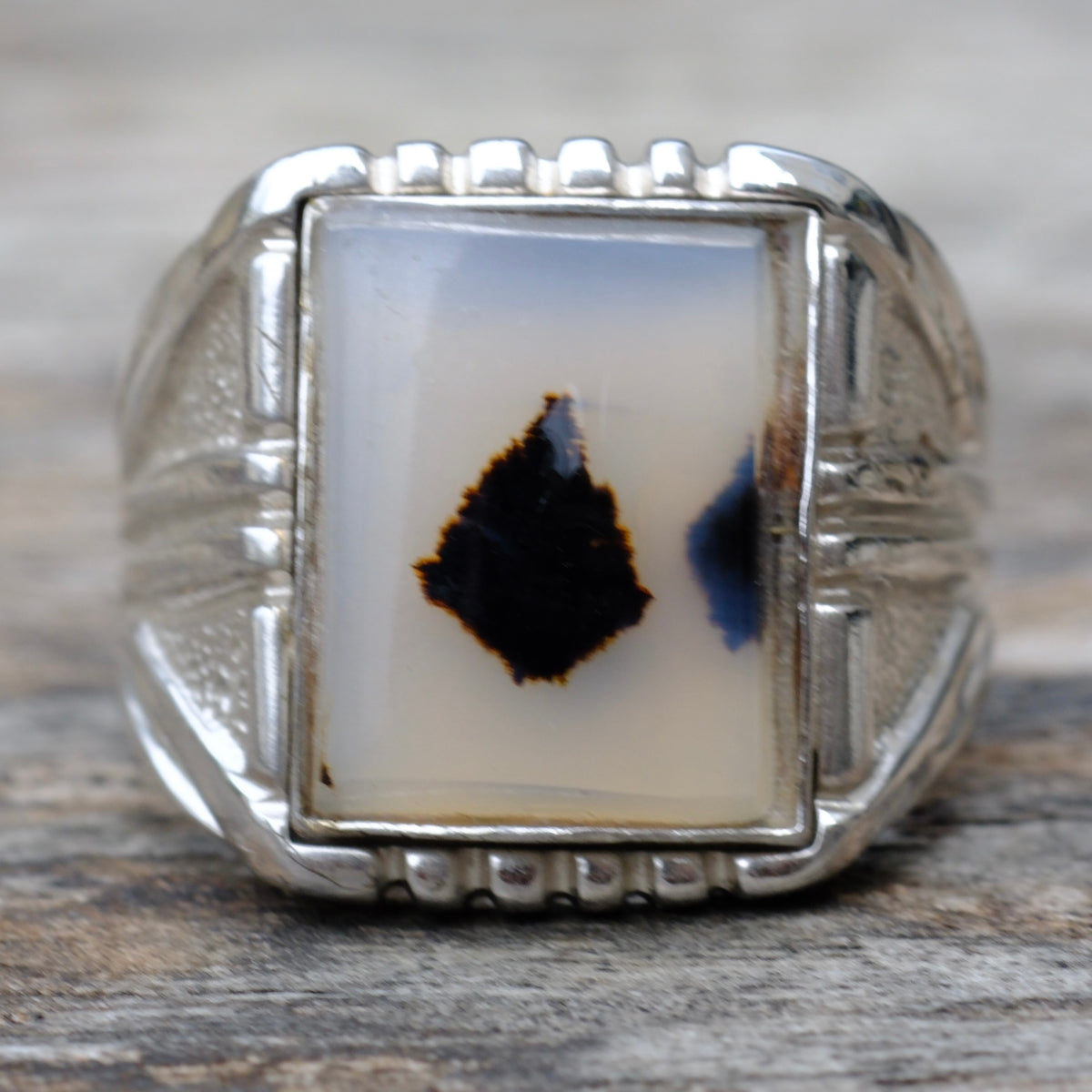 Vintage Sterling Agate Signet Ring 10.5
