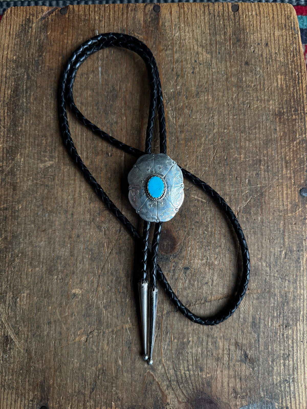 Vintage Sterling SilverTurquoise Stamped Concho Bolo
