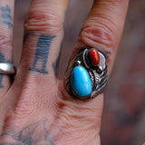 Vintage Sterling Turquoise and Coral Feather Ring 10.75