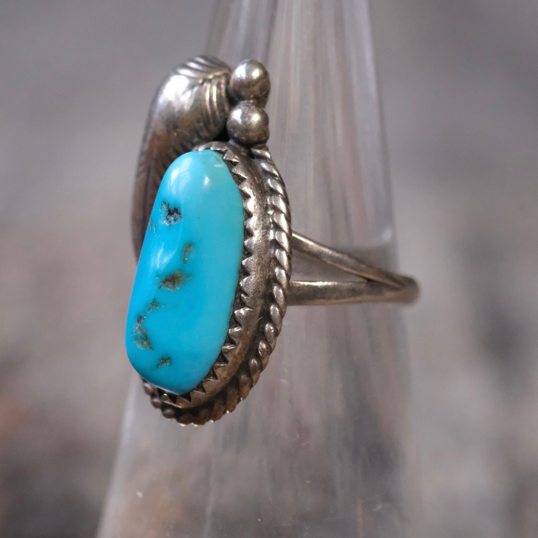 Vintage Sterling Turquoise Feather Ring 5.75