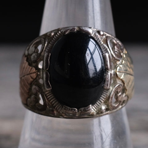 Vintage Sterling Onyx Leaf Ring 9.75