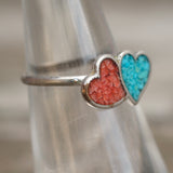 Vintage Sterling Turquoise and Coral Heart Ring 5.5