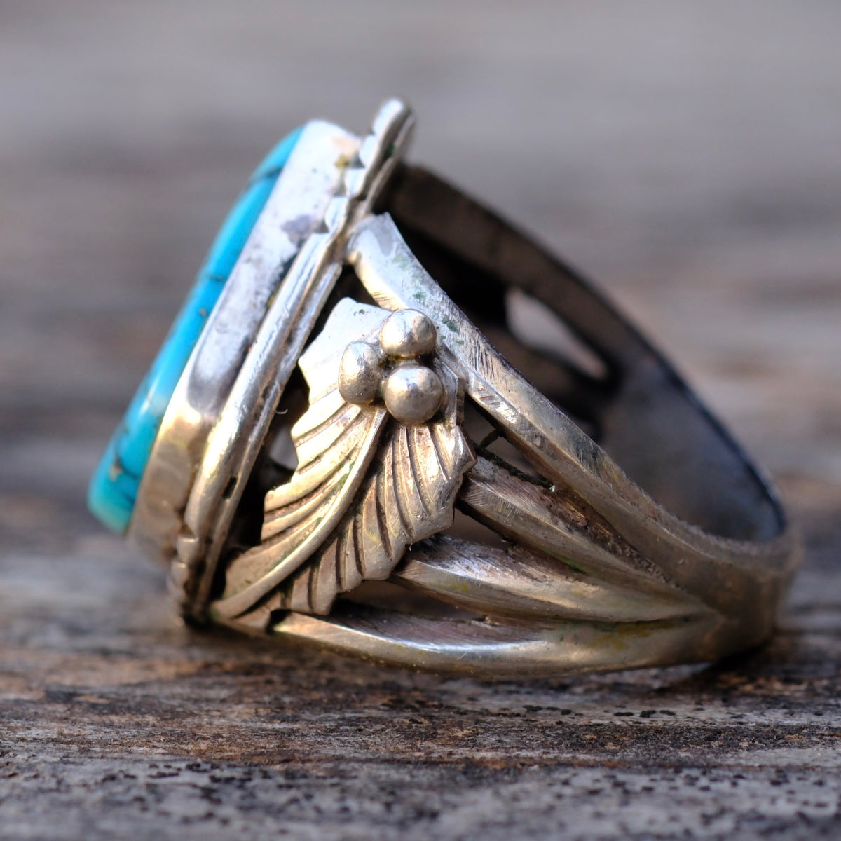 Vintage Sterling Chunky Turquoise Feather Ring 10.75