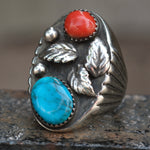 Vintage Sterling Turquoise and Coral Feather Ring 9