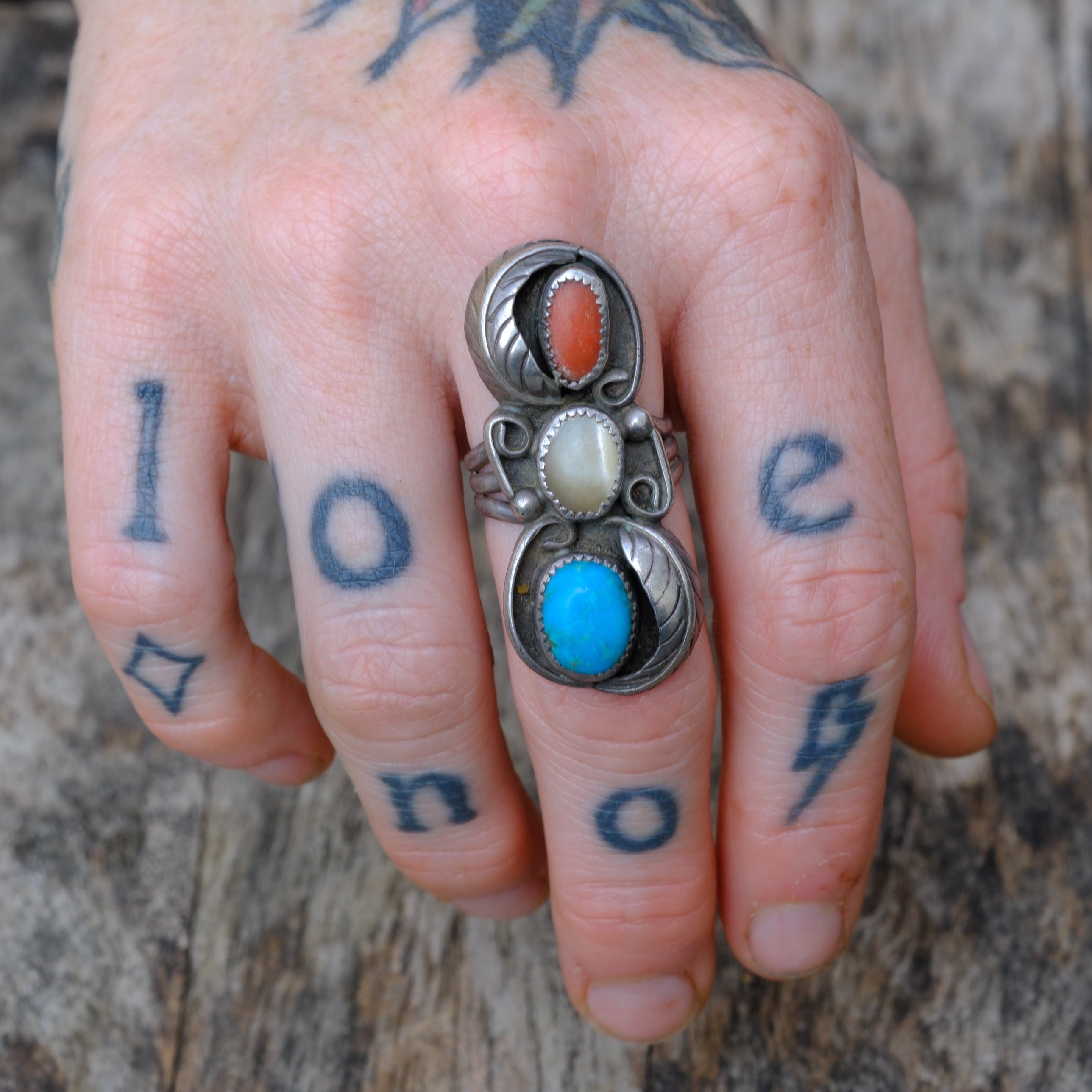 Vintage Sterling Turquoise Coral and Turquoise Feather Ring 7.25