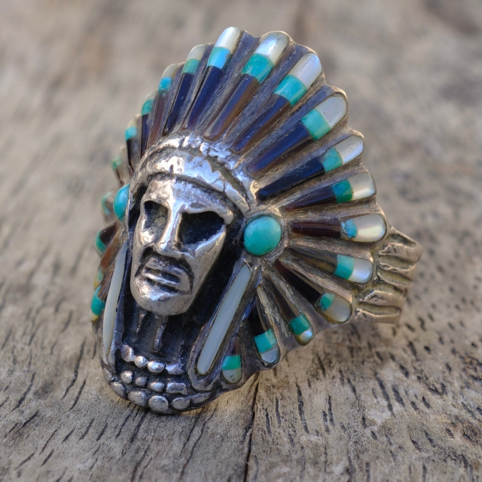 Vintage Sterling Big Chief Inlay Ring 11.25