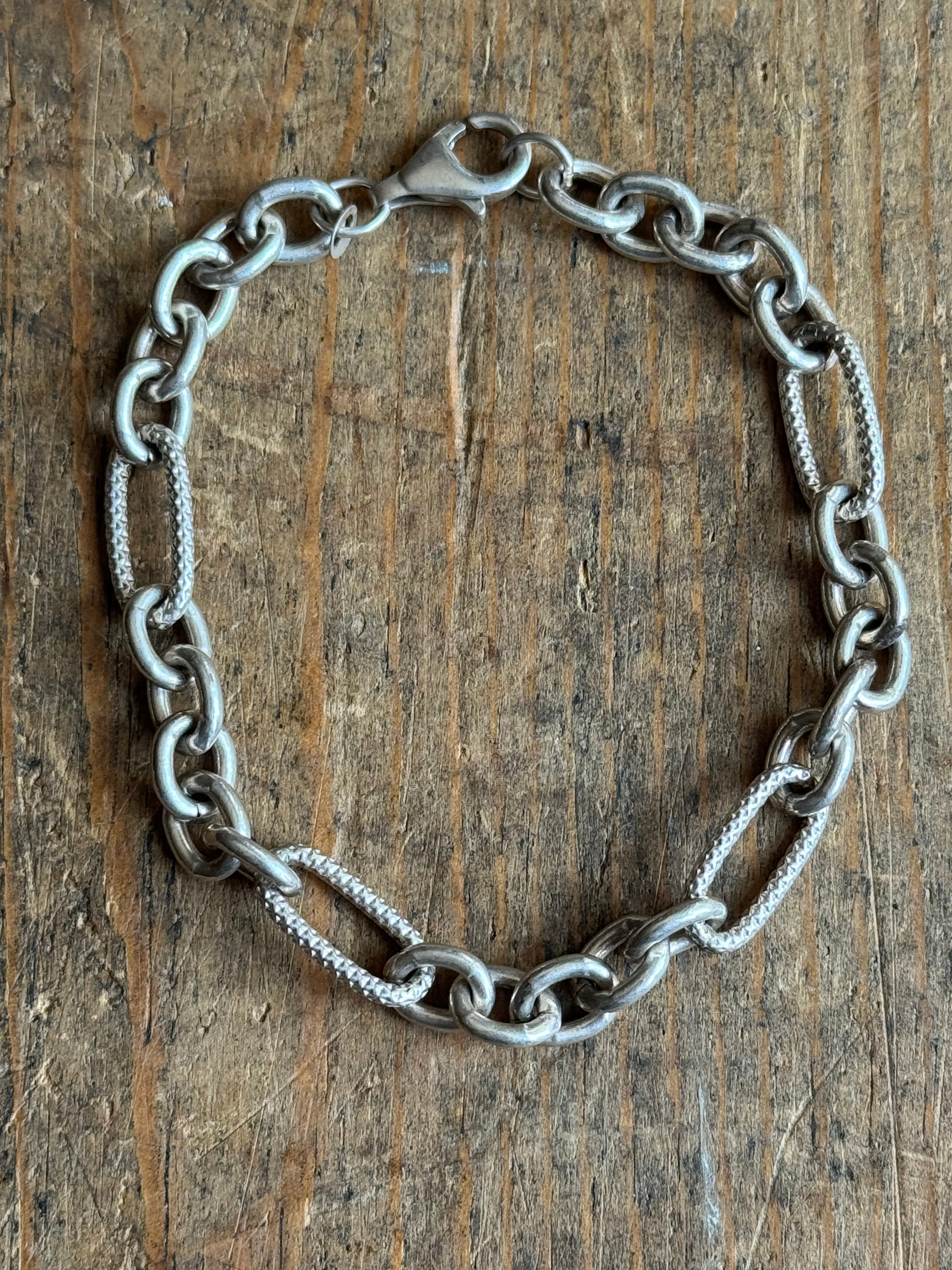 Vintage Sterling Silver 7.5” Textured Oval Cable Chain Bracelet