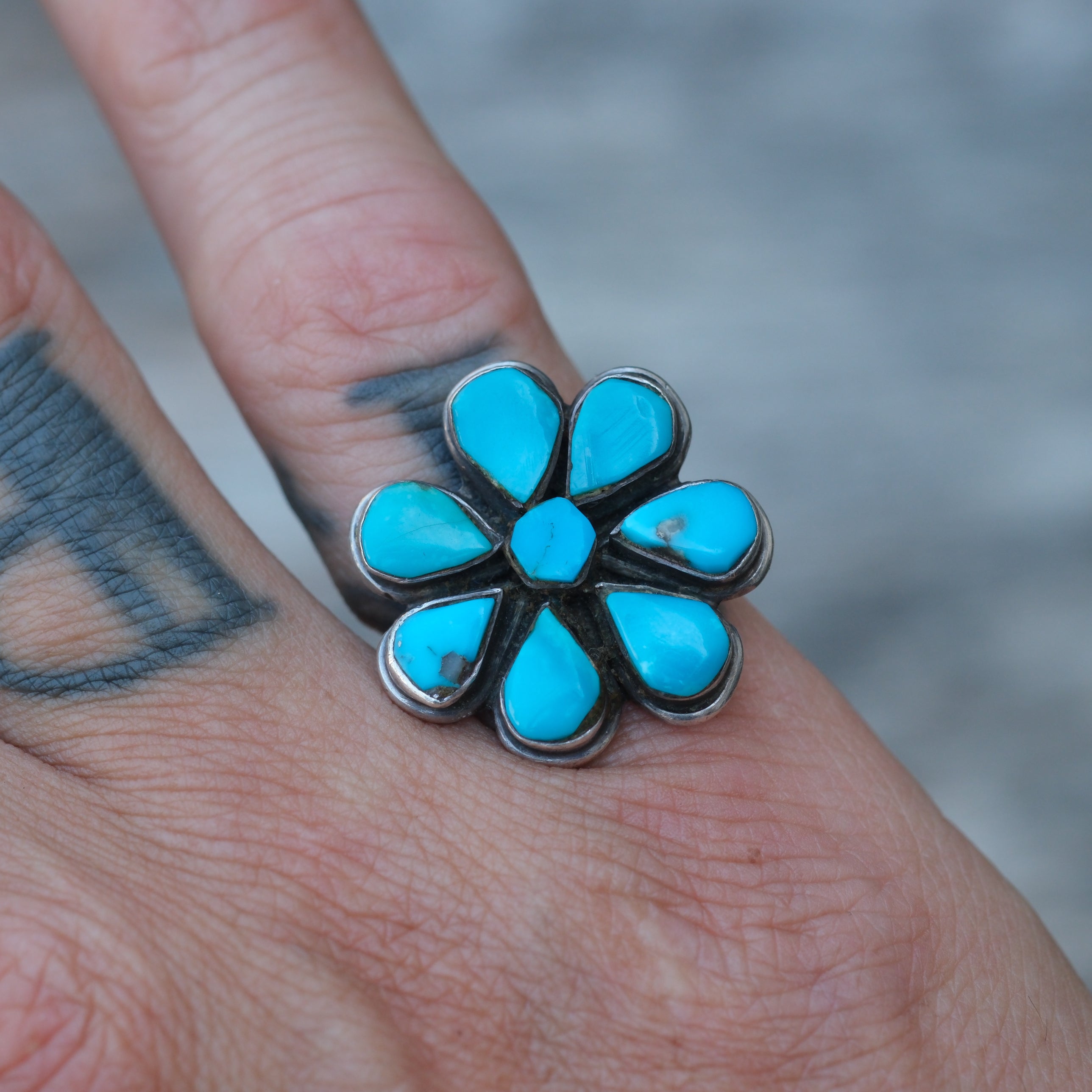 Vintage Sterling Turquoise Cluster Ring 5.75