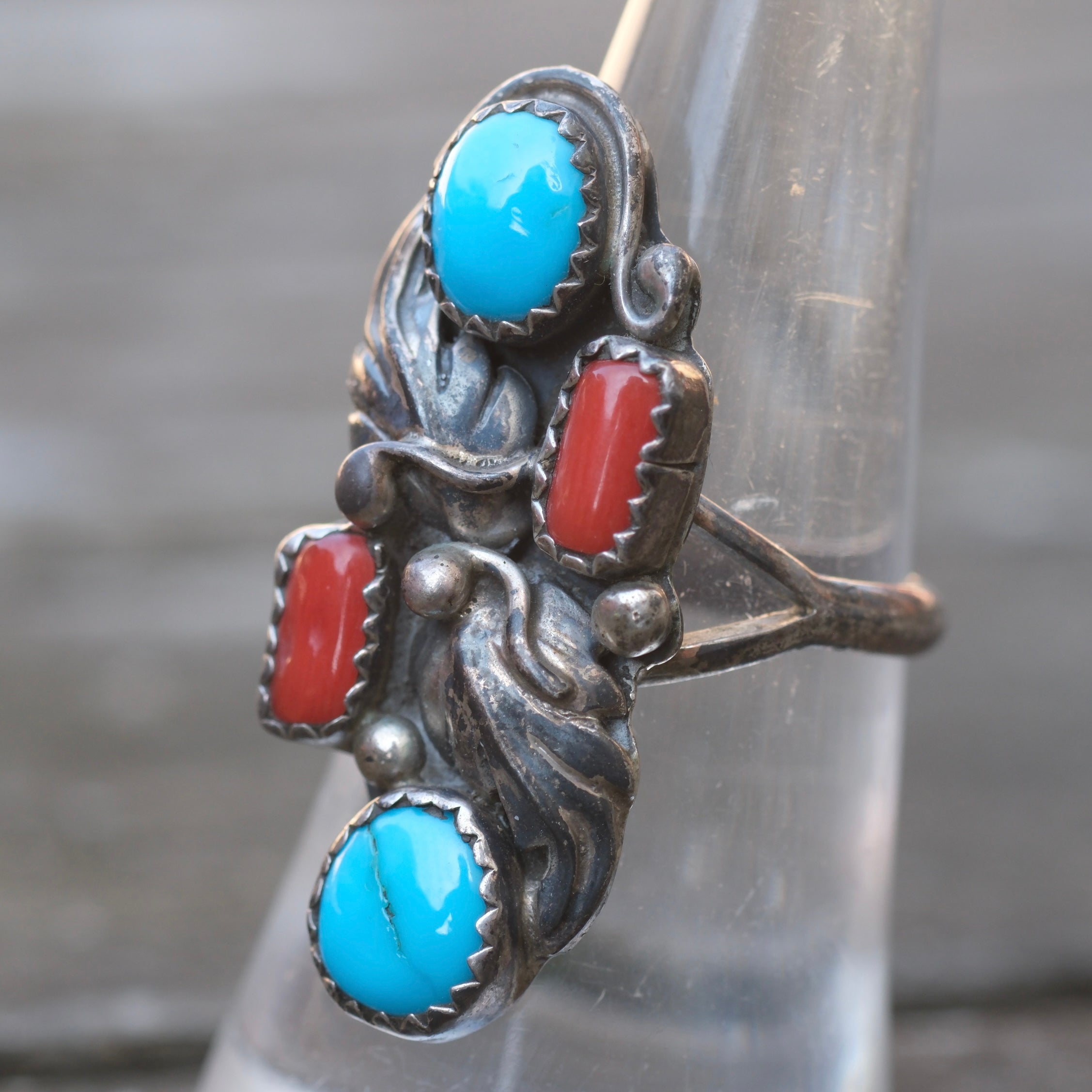 Vintage Sterling Turquoise and Coral Feather Ring 6.75
