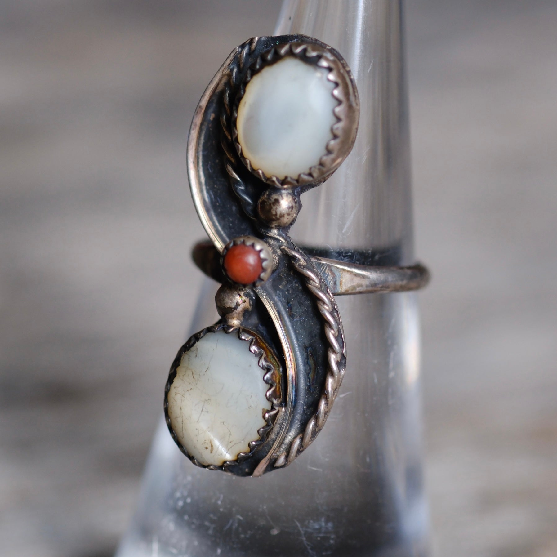 Vintage Sterling Mother Of Pearl and Coral Ring 5.25