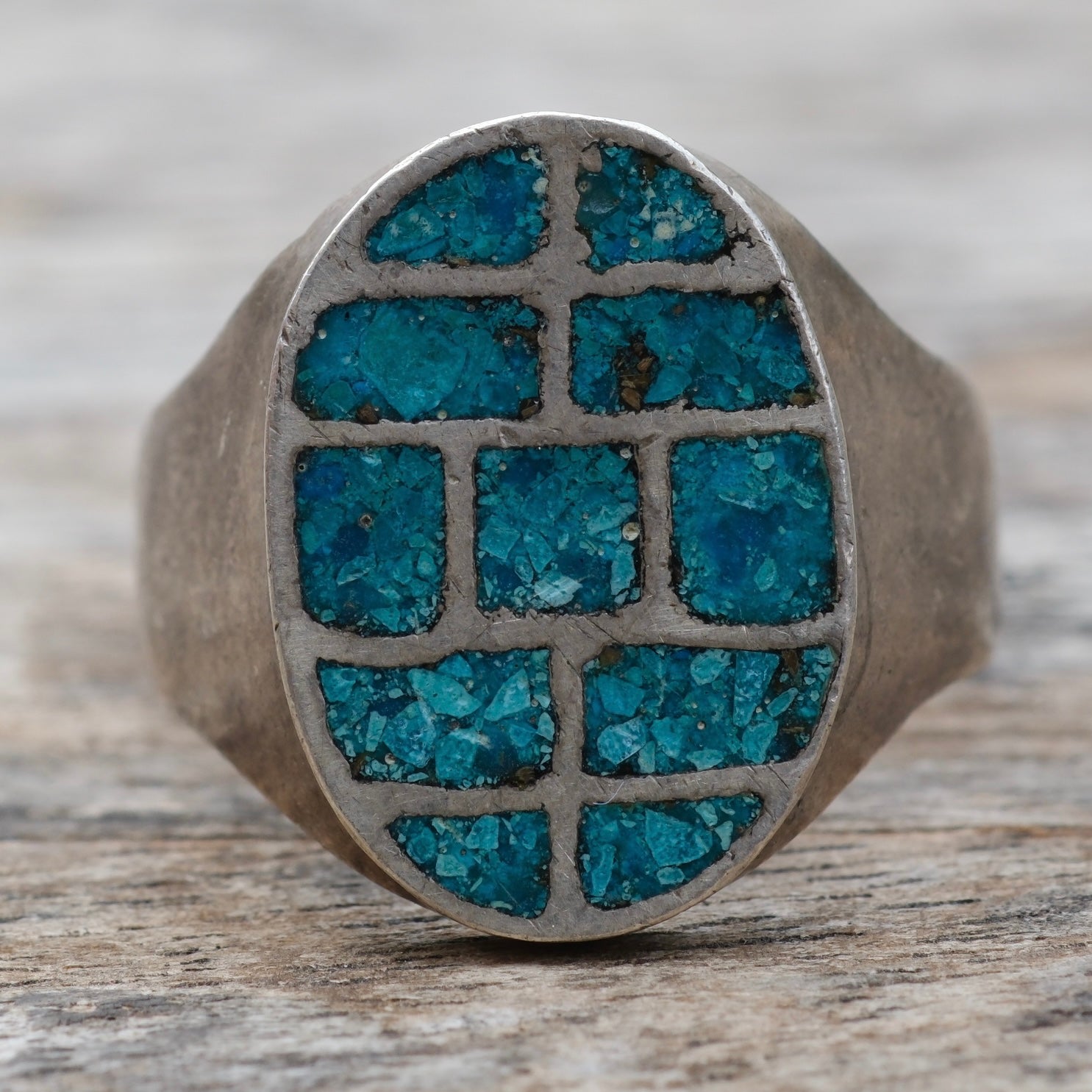 Vintage Sterling Crushed Turquoise Inlay Ring 11.25