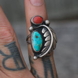 Vintage Sterling Turquoise and Coral Feather Ring 4.5