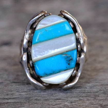 Vintage Sterling Turquoise and Mother Of Pearl Eagle Ring 11.25