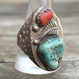 Vintage Sterling Turquoise and Coral Feather Ring 11.75