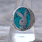 Vintage White Bronze Playboy Bunny Turquoise Ring 10.5
