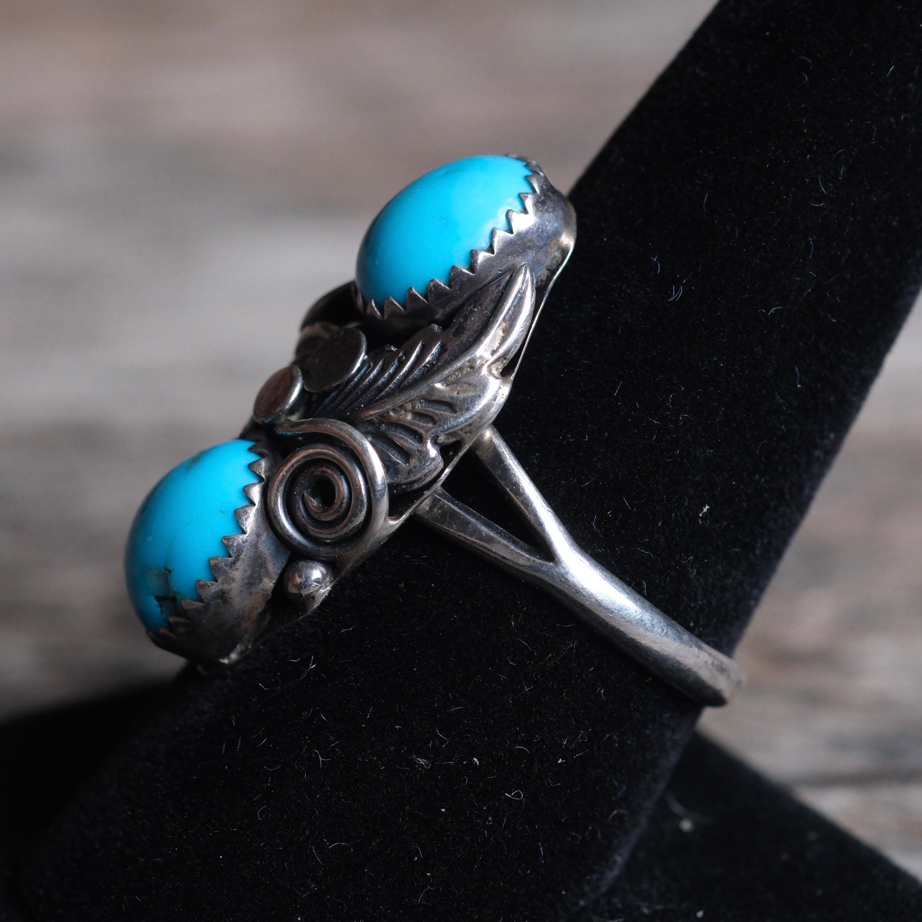 Vintage Sterling 2-Stone Turquoise Feather Ring 9