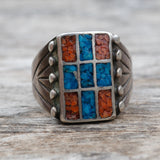 Vintage Sterling Crushed Turquoise and Coral Inlay Ring 8.25
