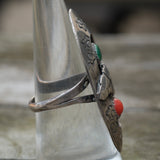 Vintage Sterling Turquoise and Coral Feather  Shadowbox Ring 7.5