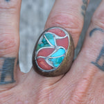 Vintage Sterling Turquoise and Coral Inlay Ring 9.5