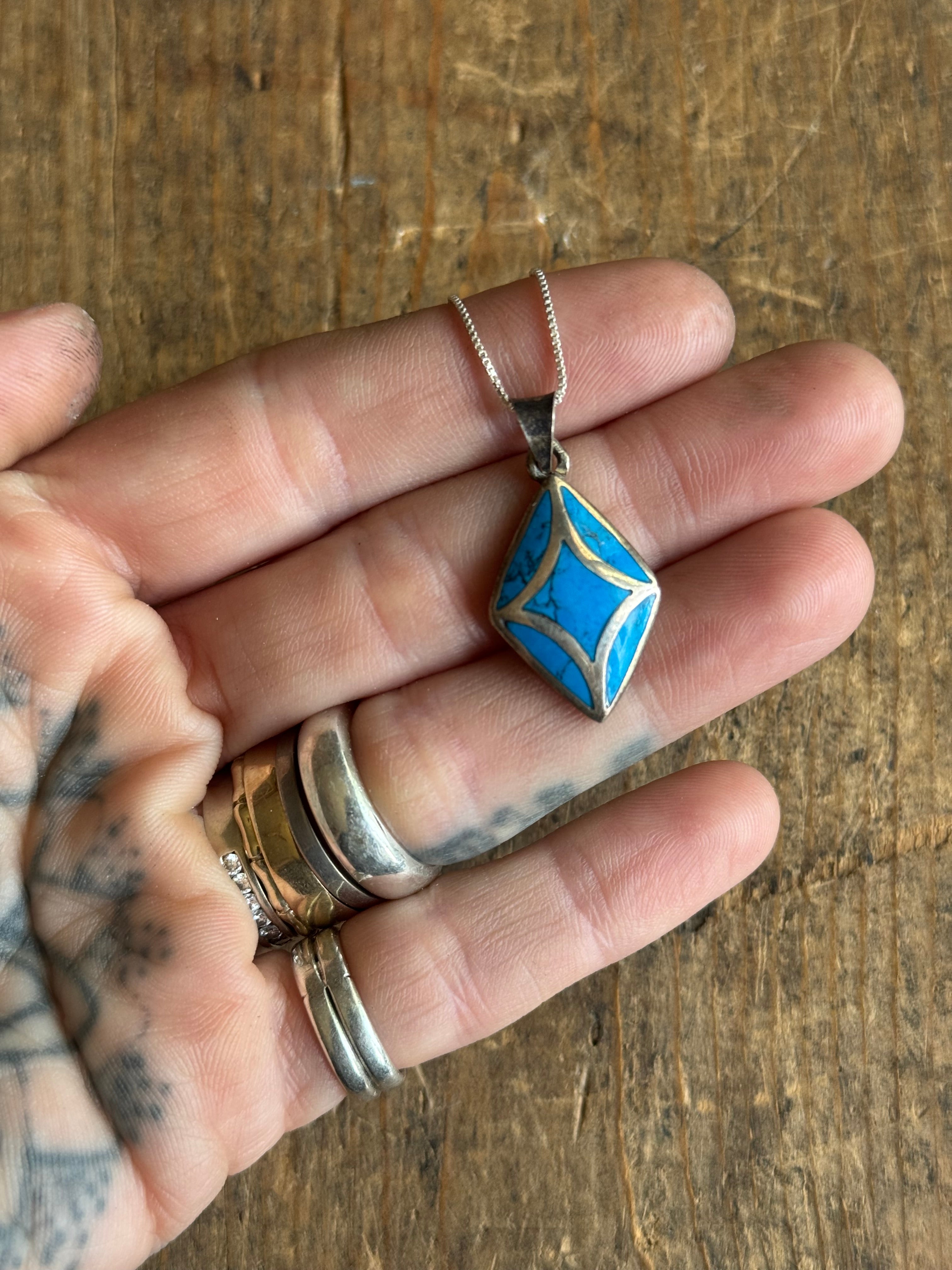 Vintage Sterling Silver Turquoise Inlay Diamond Necklace