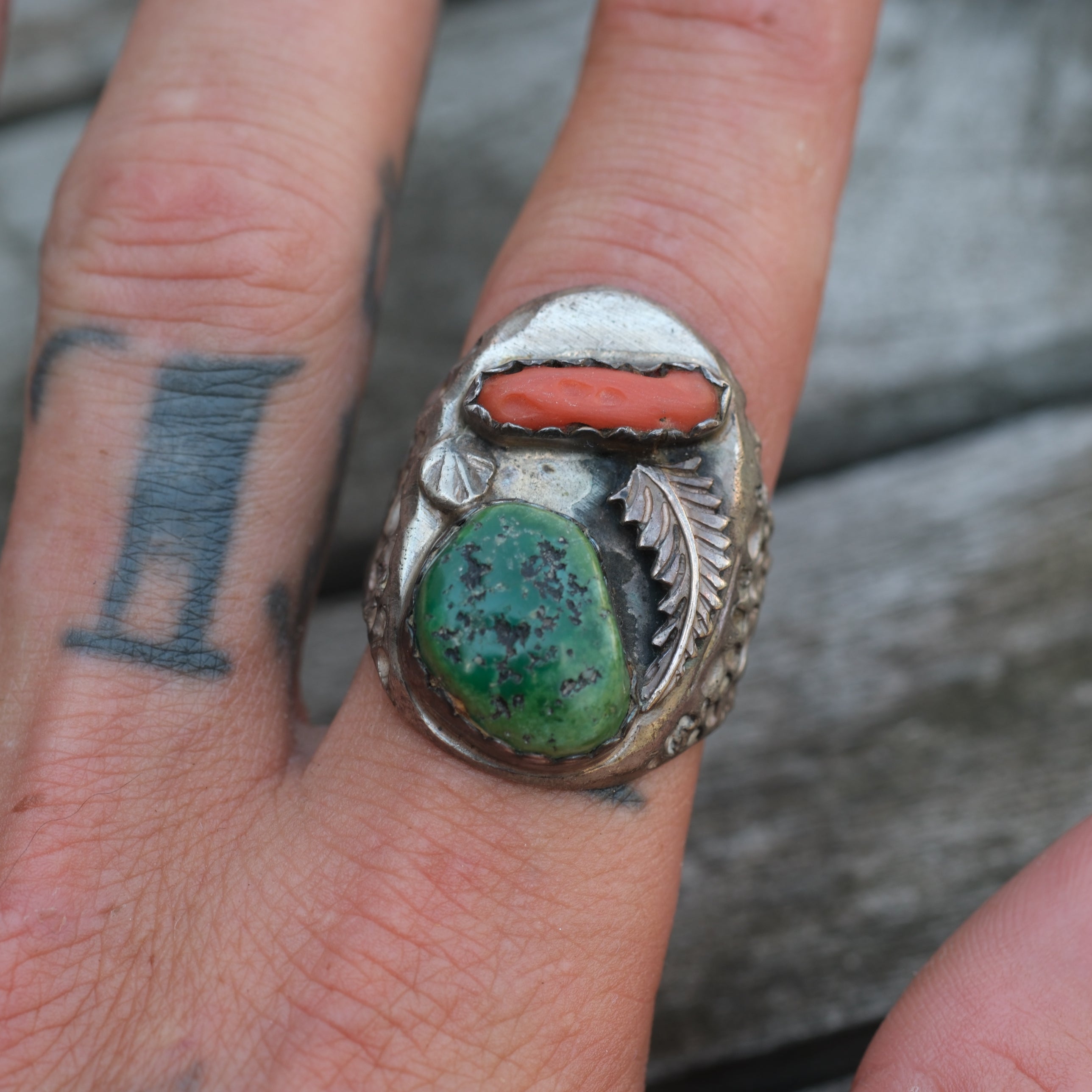 Vintage Sterling Turquoise and Coral Feather Ring 12.75