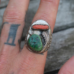 Vintage Sterling Turquoise and Coral Feather Ring 12.75