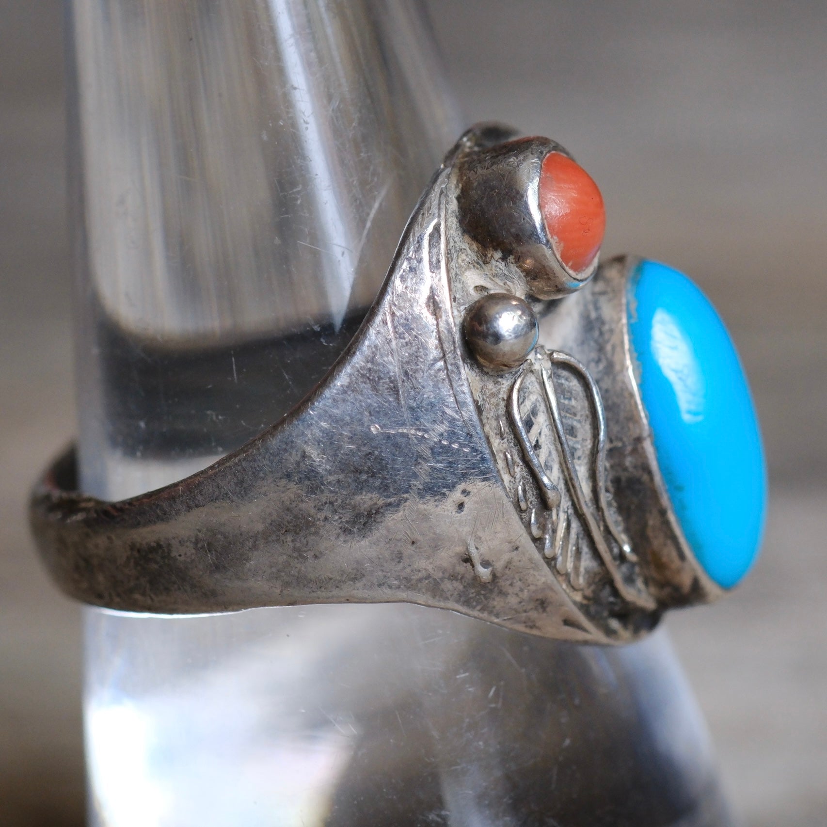 Vintage Sterling Turquoise and Coral Feather Ring 8.75