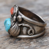 Vintage Sterling Turquoise and Coral Feather Ring 12